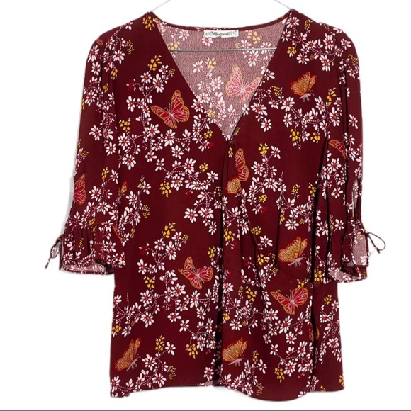 Madewell Tie-Sleeve Brick Red Wrap Top in Butterfly Sanctuary with Tie Sleeves - Picture 3 of 16